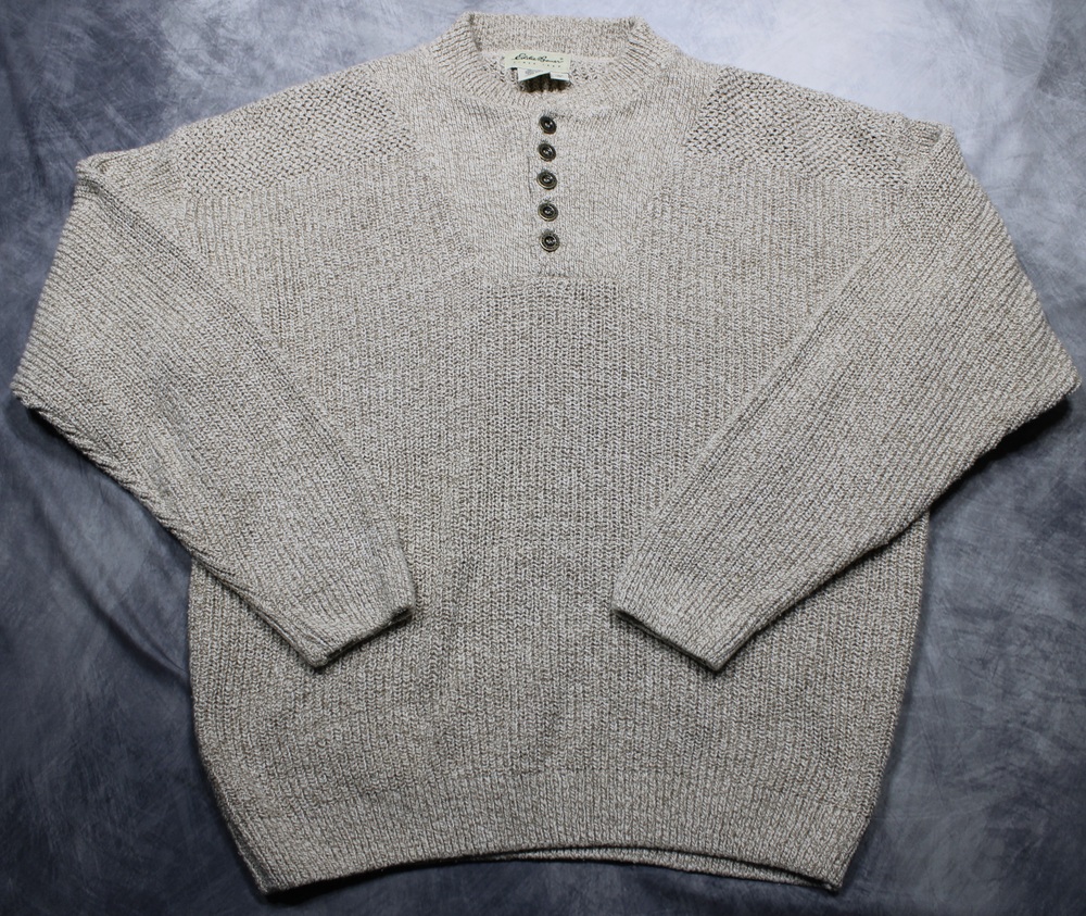Vintage Eddie Bauer Sweater Mens XL Beige Cotton Henley Knit Made USA Pullover